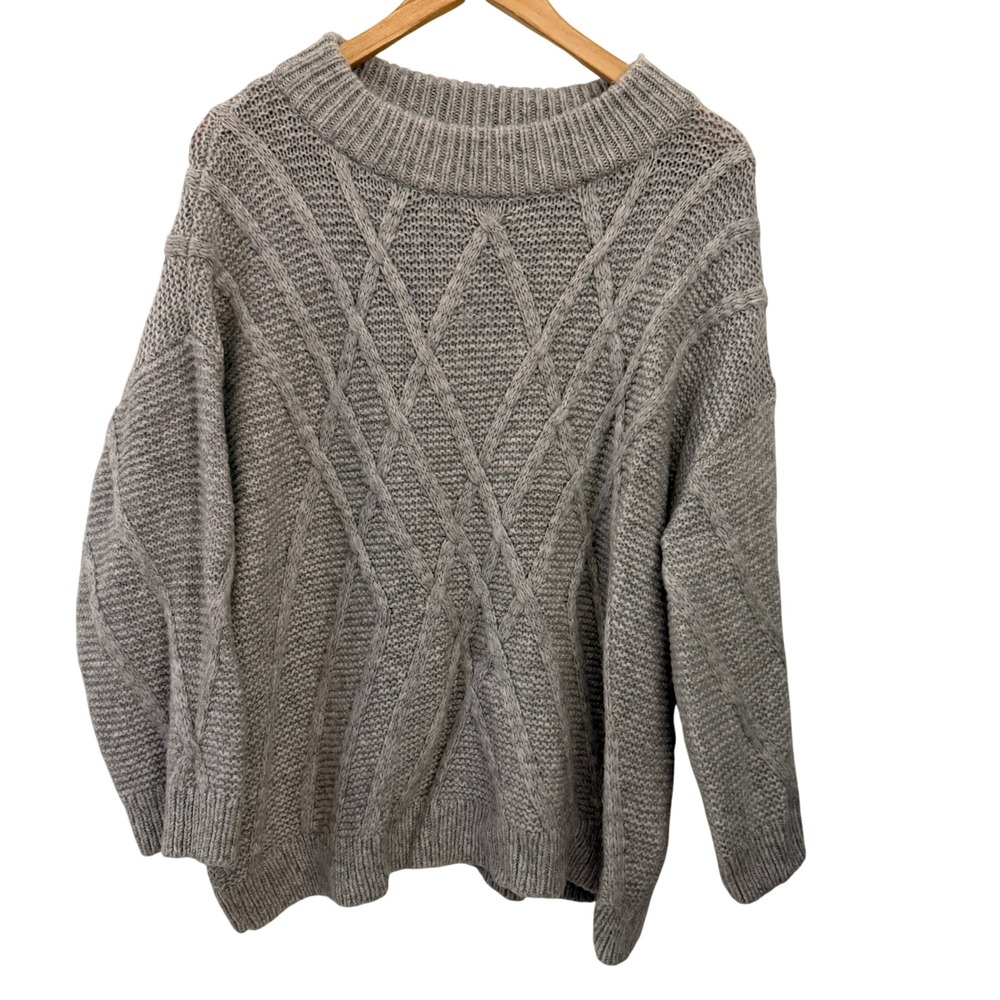 Lands' End Cable Knit Sweater Women Large Gray Excellent 3/4 Sleeve Alpaca Wool